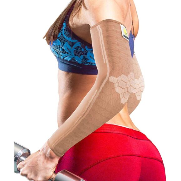 Arm Compression Sleeves Support Athletic Sports Bicep Warmer Elbow Women BeigeXS - Picture 1 of 5